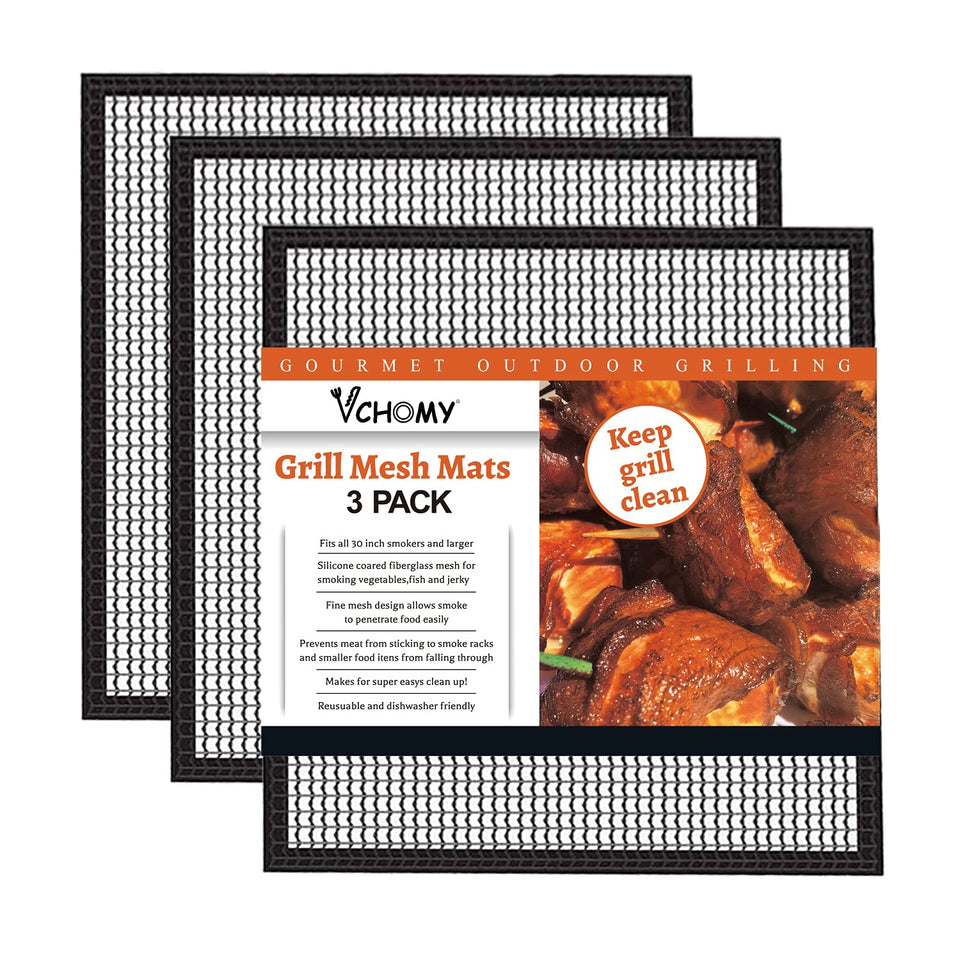 VCHOMY grill mesh mat 3-pack top view for mess-free grilling and easy cleanup.