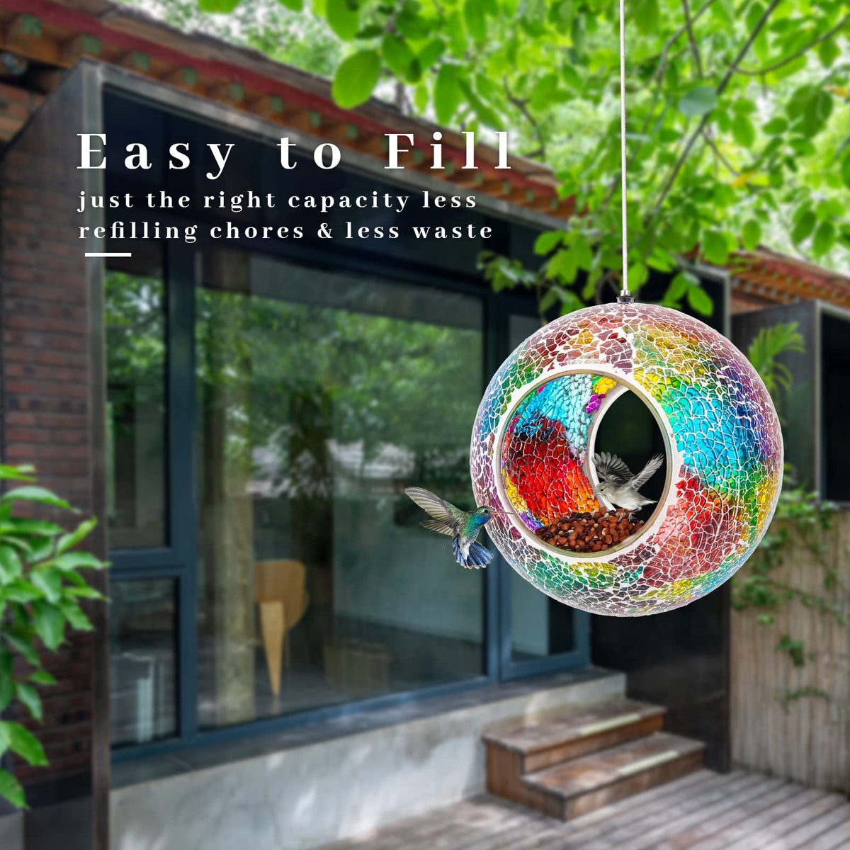 VCUTEKA easy-fill mosaic feeder keeps seeds dry and accessible for birds
