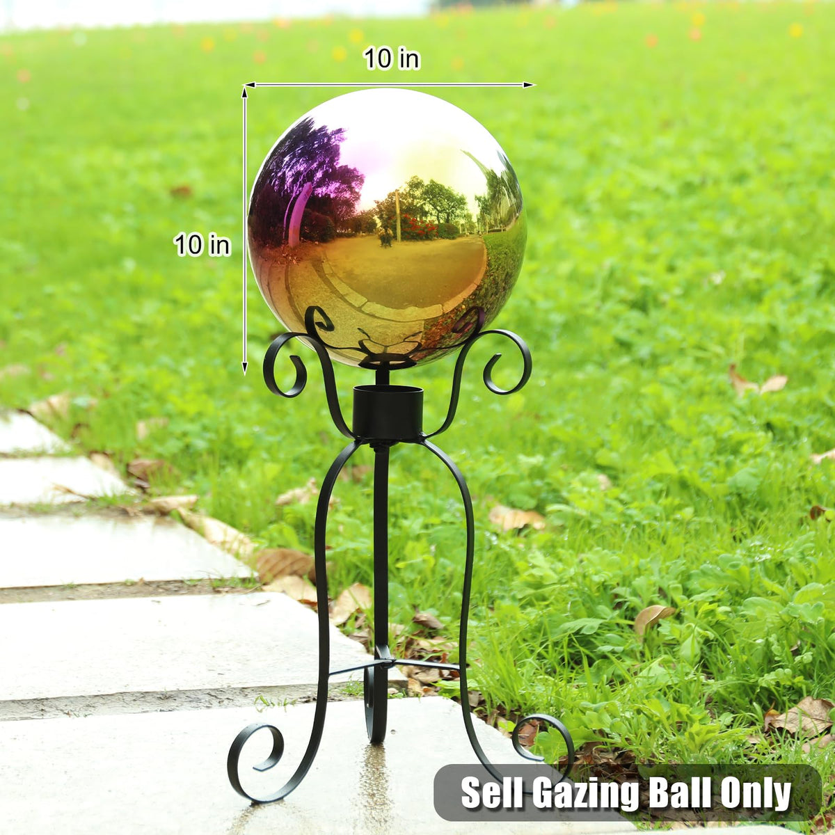 VCUTEKA Gazing Ball Rainbow finish adds color and shimmer to garden scenes.