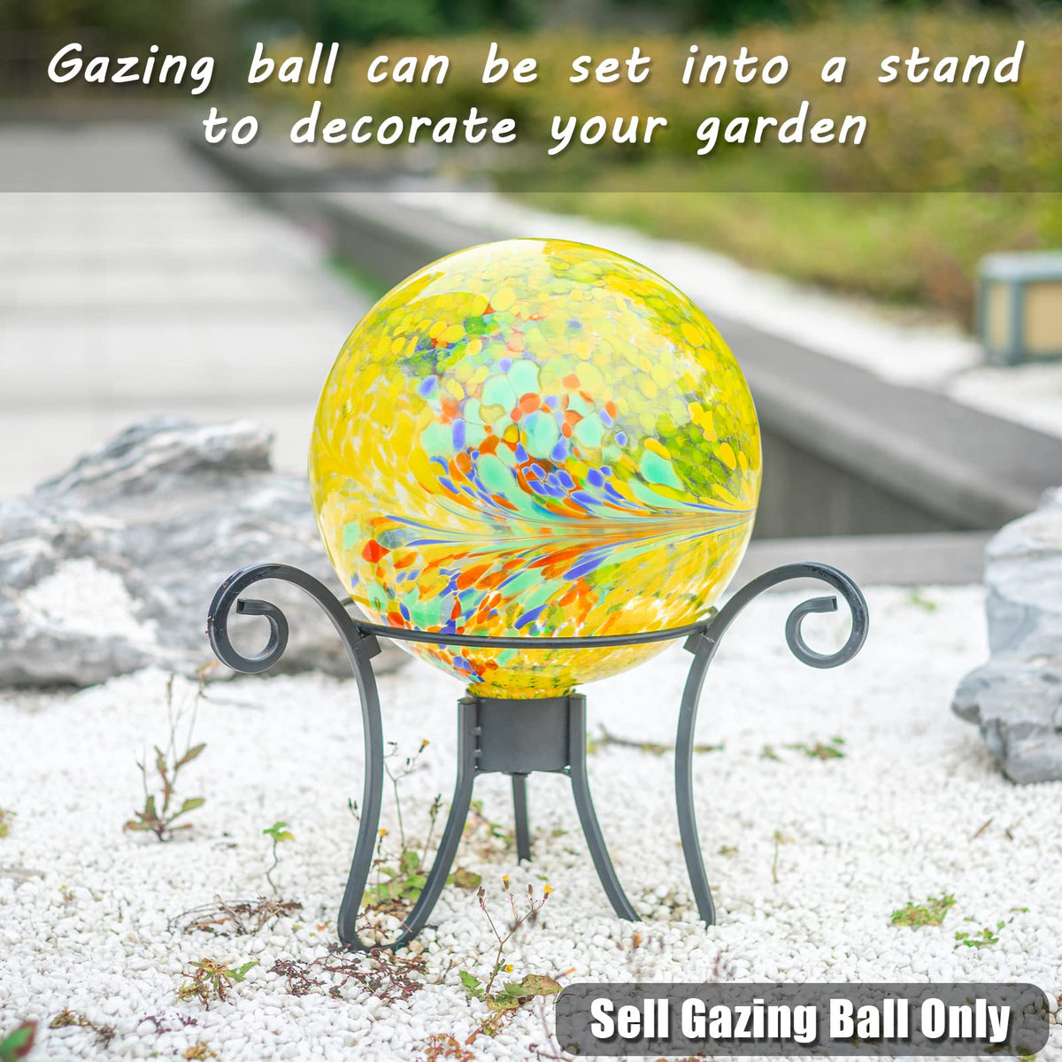 VCUTEKA Gazing Ball yellow swirl 10in closeup shows iridescent facets.