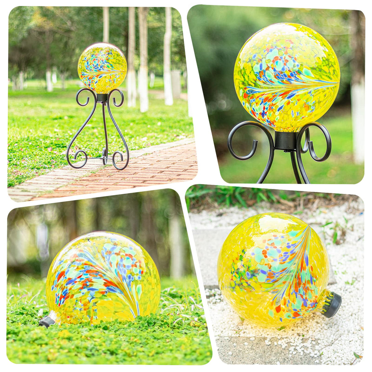 VCUTEKA Gazing Ball yellow swirl 10in displayed on lawn as a focal point.