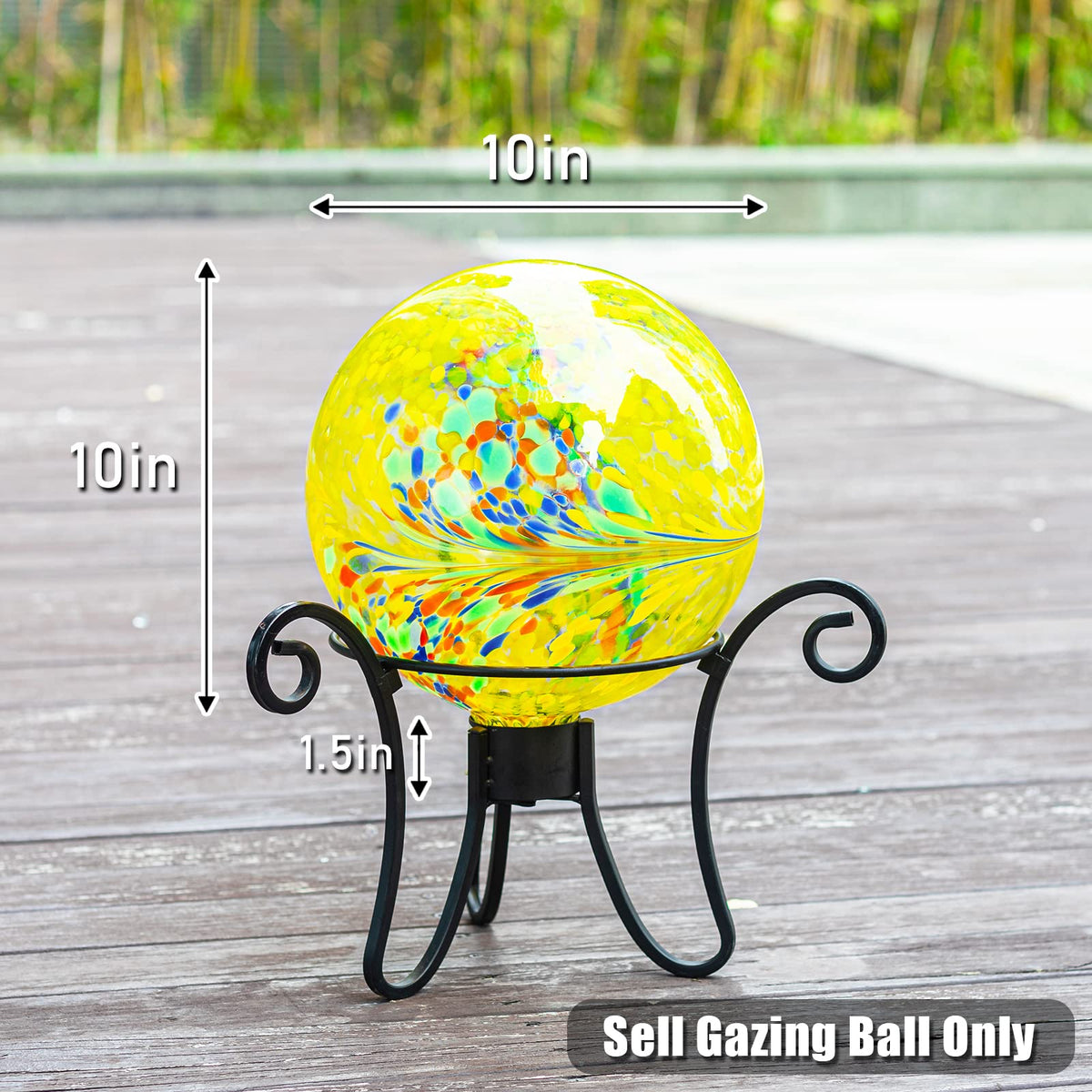 VCUTEKA Gazing Ball yellow swirl 10in on a stand showcases color and shine.