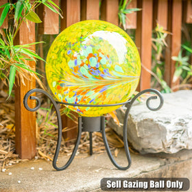 VCUTEKA Gazing Ball yellow swirl 10in reflects sunlight creating a sparkling effect.