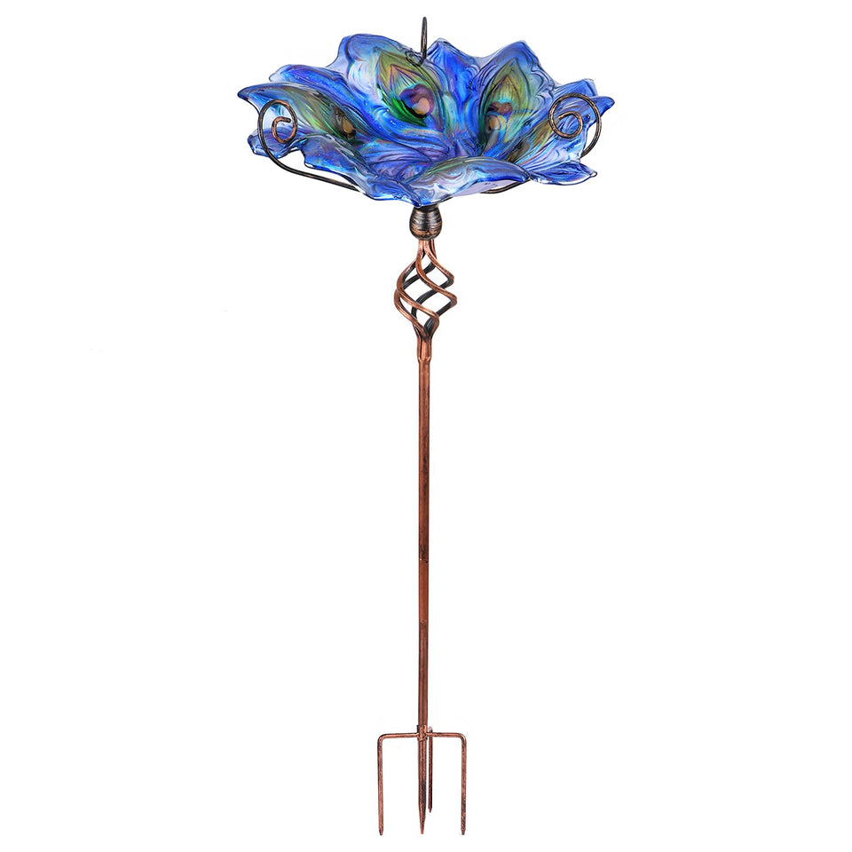VCUTEKA glass bird bath with four-prong base ensures stable outdoor setup for birds.