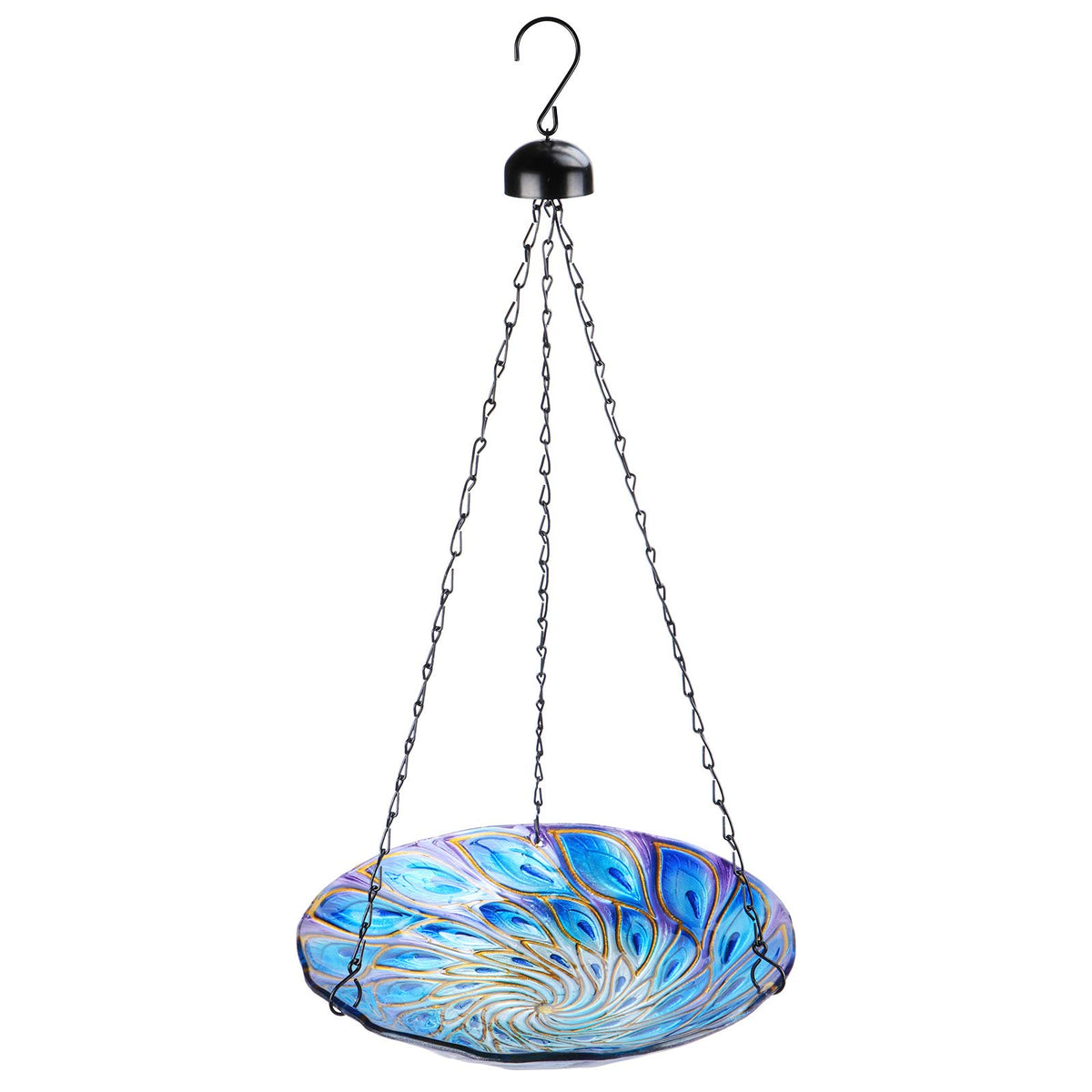 VCUTEKA hanging birdbath with peacock pattern attracts birds in sunny garden