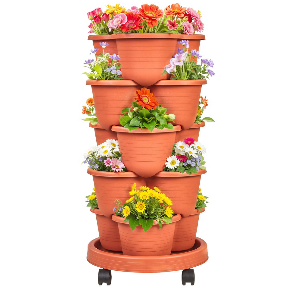 VECELO 5-tier vertical planter with stacked pots for space-saving balcony gardening.