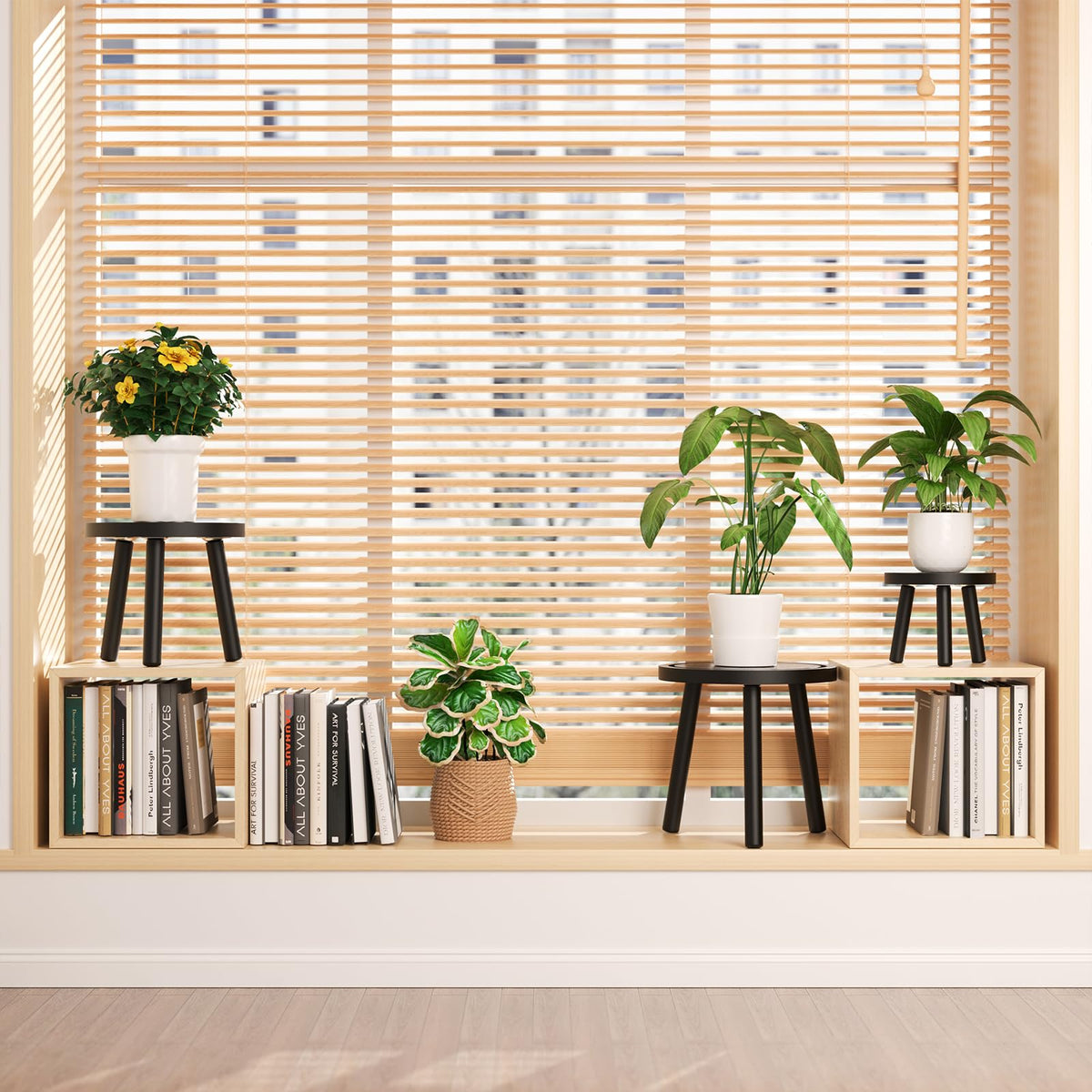 Vecxoty tall plant stand supports large plants like fiddle leaf figs.