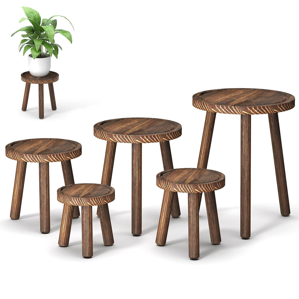 Vecxoty wood plant stand set display showing five heights for layered indoor greenery