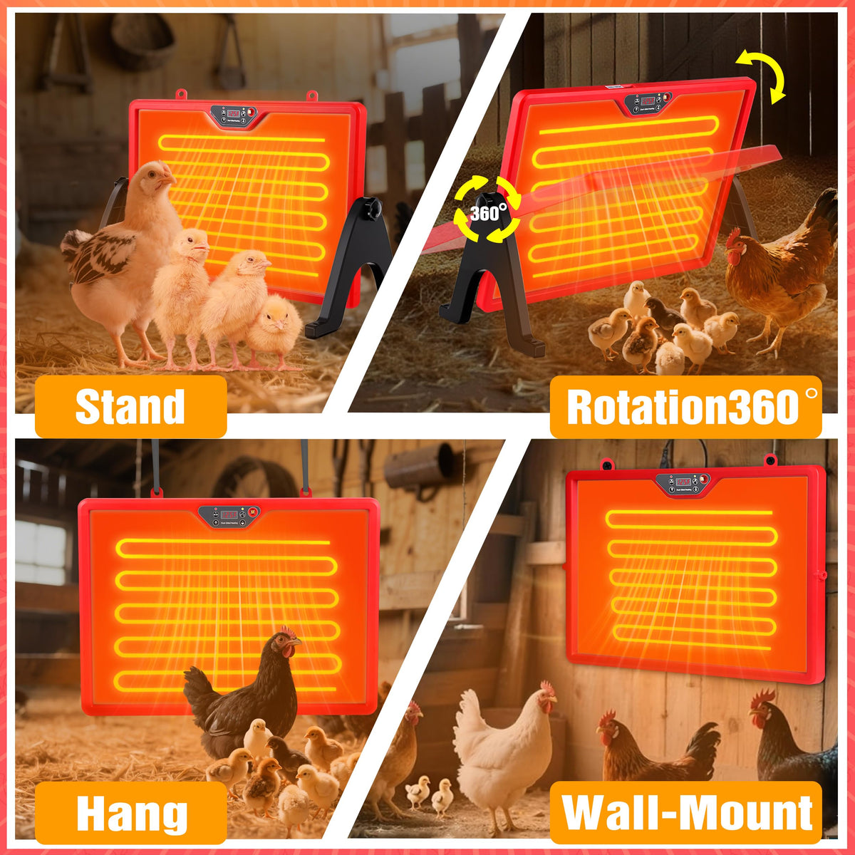 VEDALIO adjustable-angle setup directs heat toward growing chicks.