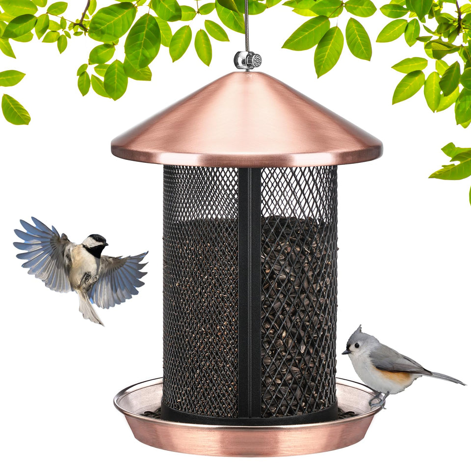 Veehoo metal bird feeder with dual seed chambers for organized outdoor feeding.