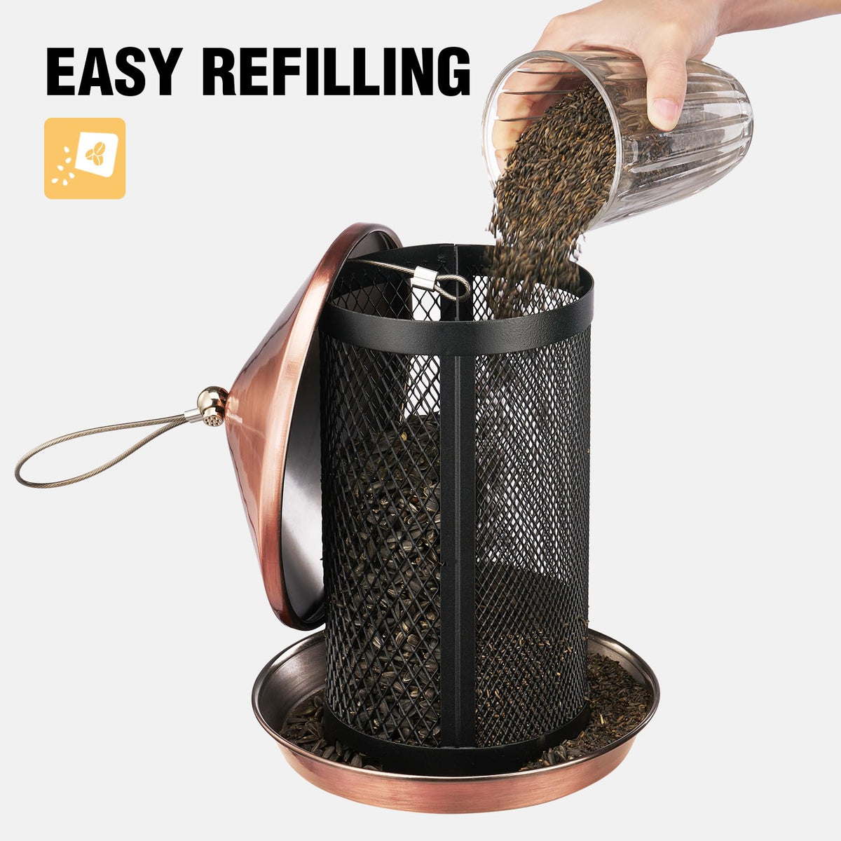 Veehoo outdoor feeder with easy-refill drawstring keeps feeding simple.