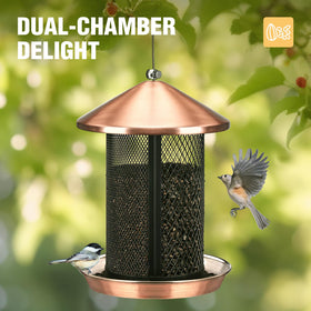 Veehoo metal bird feeder shows weatherproof roof protecting seeds outdoors.