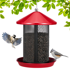 Veehoo metal bird feeder with outdoor dual seed chambers attracts cardinals and bluebirds with separate feeds.