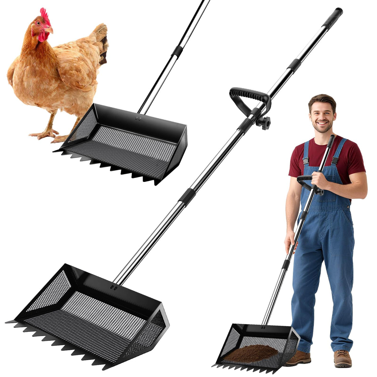 VEEMI chicken poop scooper and rake with extendable handle for easy coop cleaning