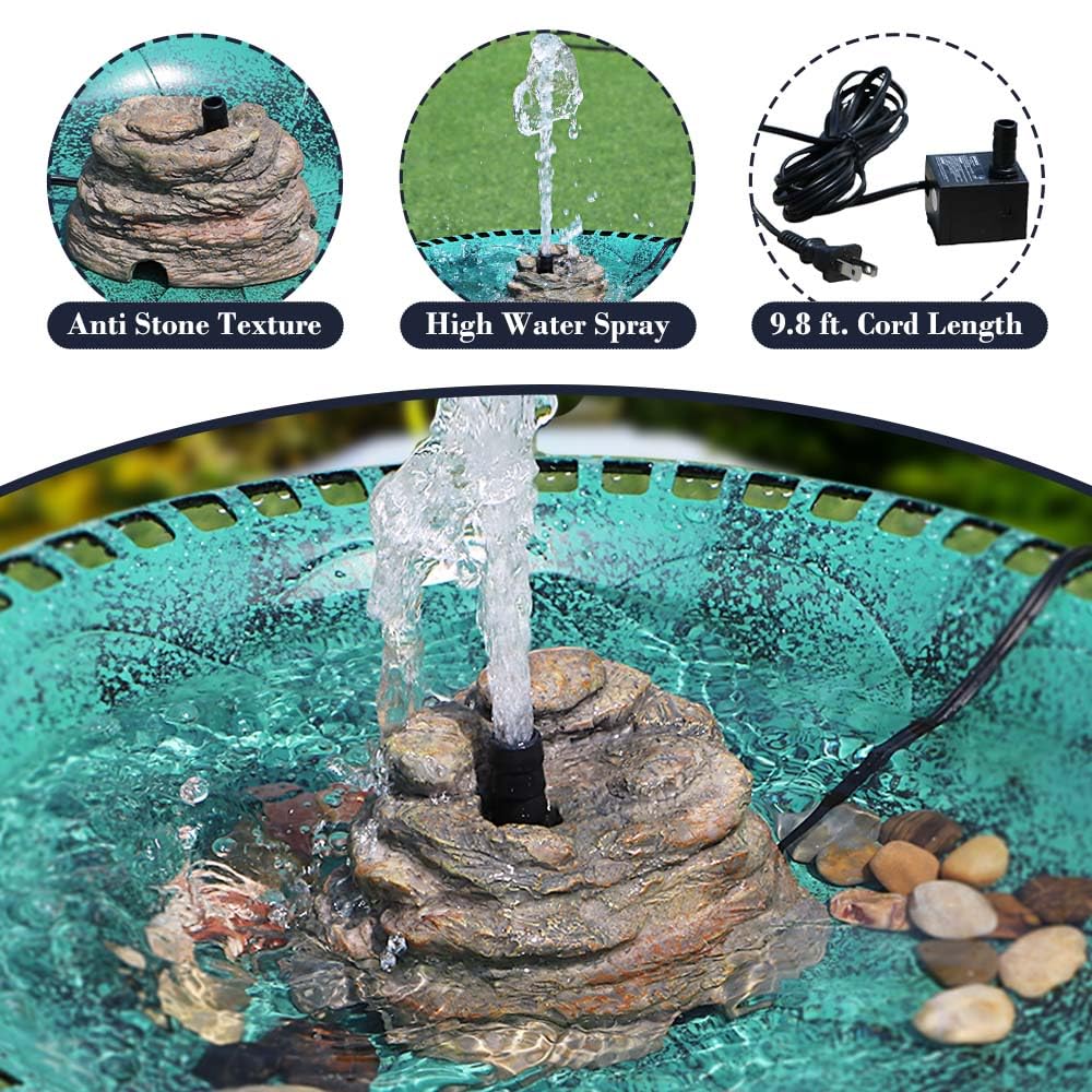 Veflauresi birdbath water flow visual demonstrates gentle spray for birds.