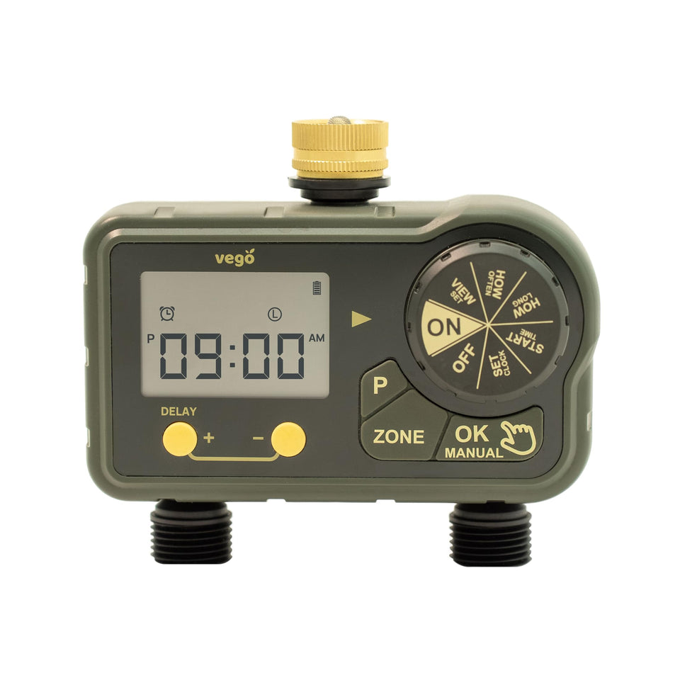 Vego 2Zone sprinkler timer with brass inlet for precise yard zone control.