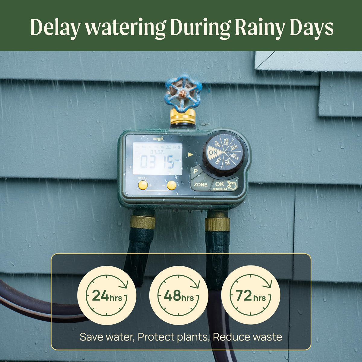 Vego rain delay feature helps storm-aware irrigation and soil protection.