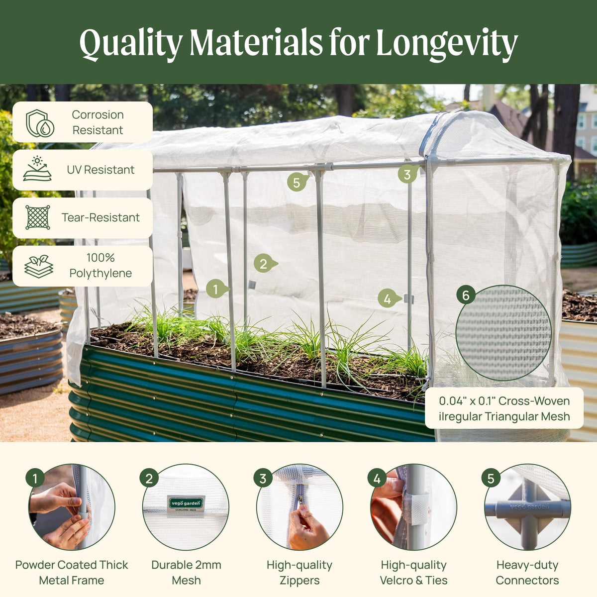 Vego garden frame powder-coated steel ensures sturdy support through seasons
