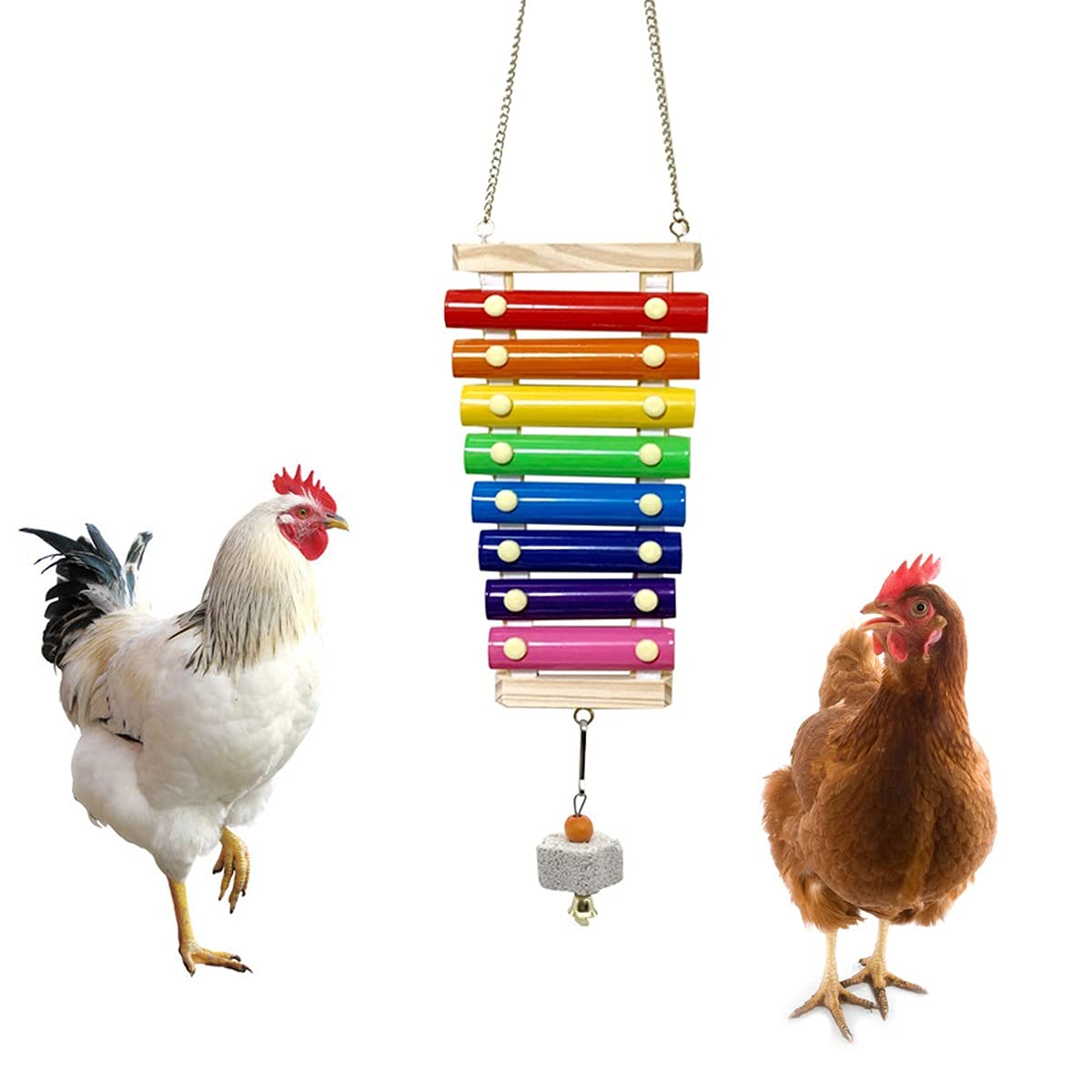 Vehomy chicken xylophone toy on wood base for engaging pecking play.