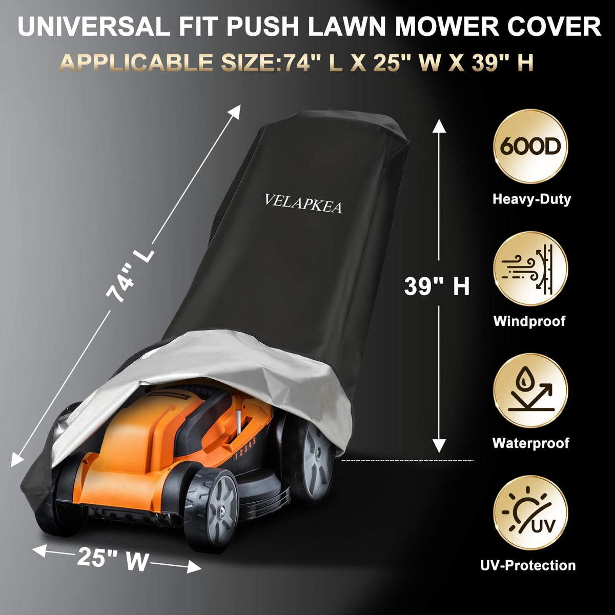 VELAPKEA double drawstring keeps mower cover secure during windy conditions