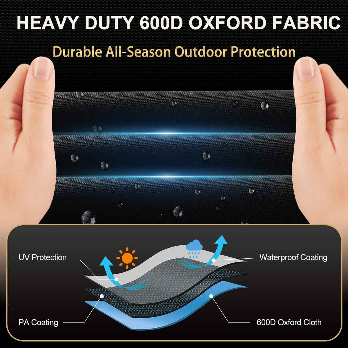 VELAPKEA waterproof 600D coating protects against rain, snow, and damp conditions
