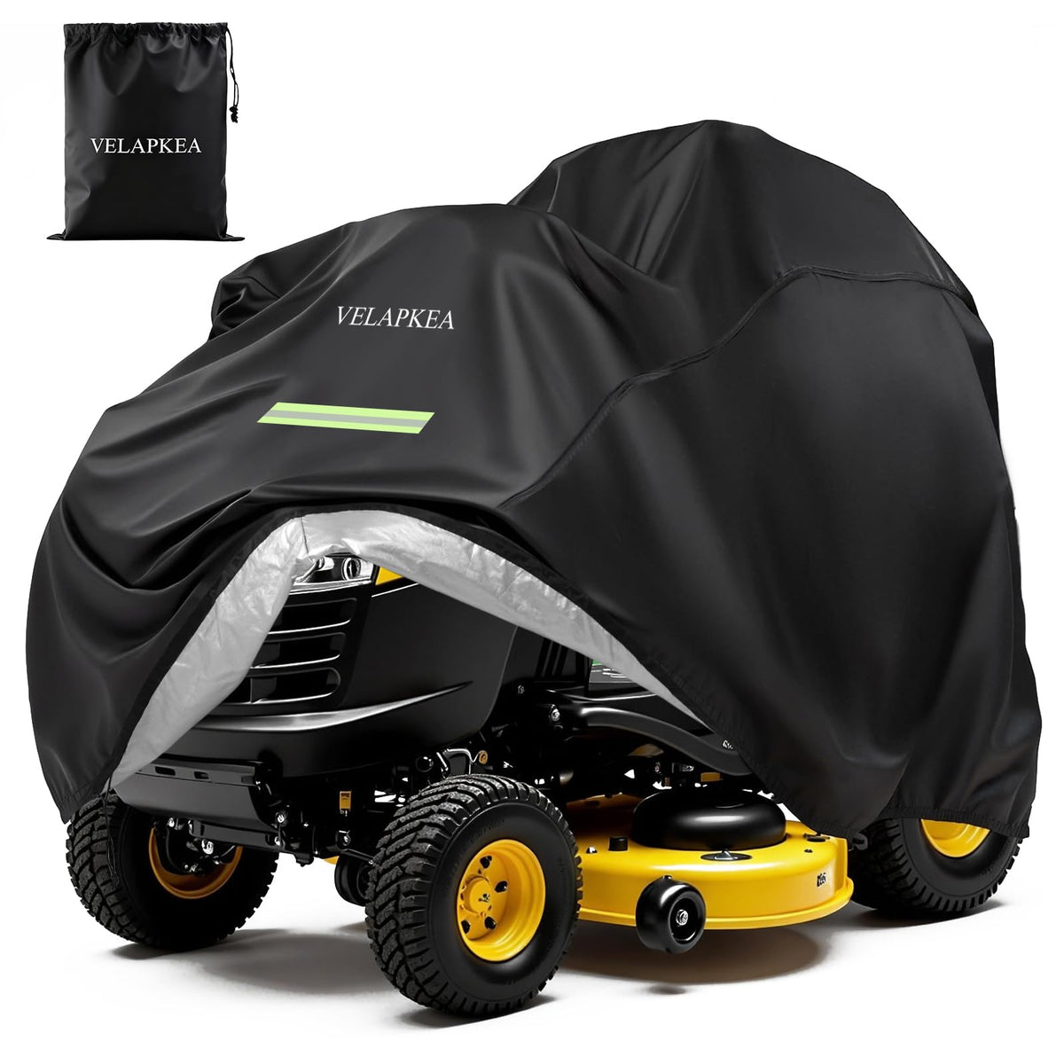 VELAPKEA riding lawn mower cover front view, fits up to 54-inch decks and protects.