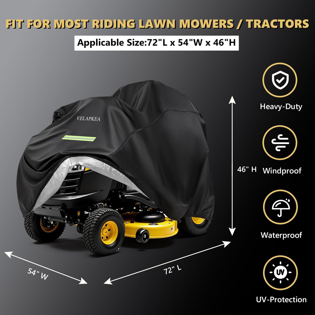 VELAPKEA riding mower cover side view; wind-resistant secure fit.