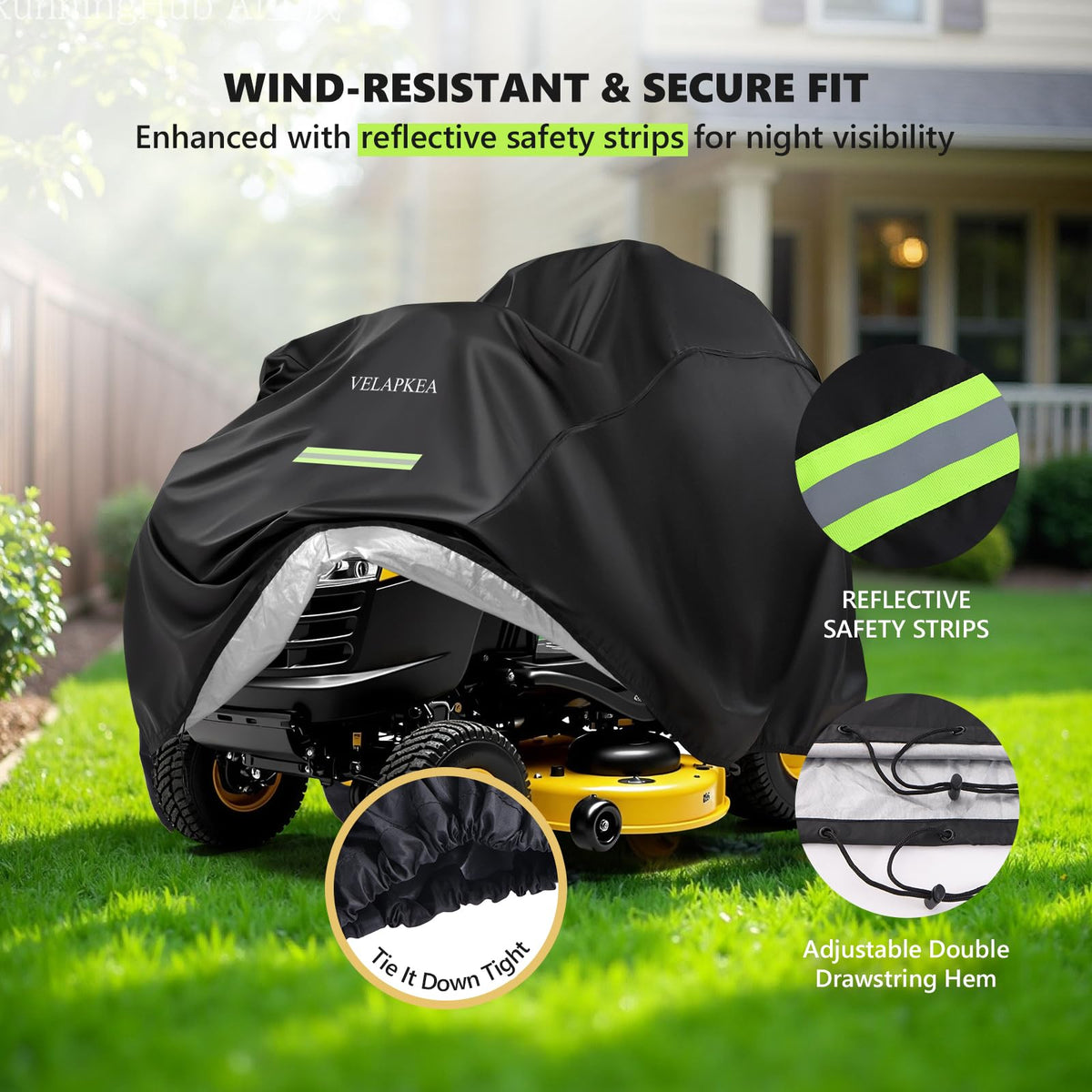 VELAPKEA UV-protected fabric guards mower from sun damage.