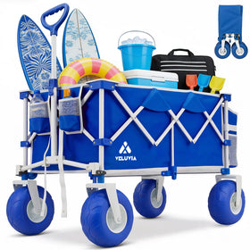 VELUVIA Beach Wagon with 9-inch balloon wheels for easier sand travel.