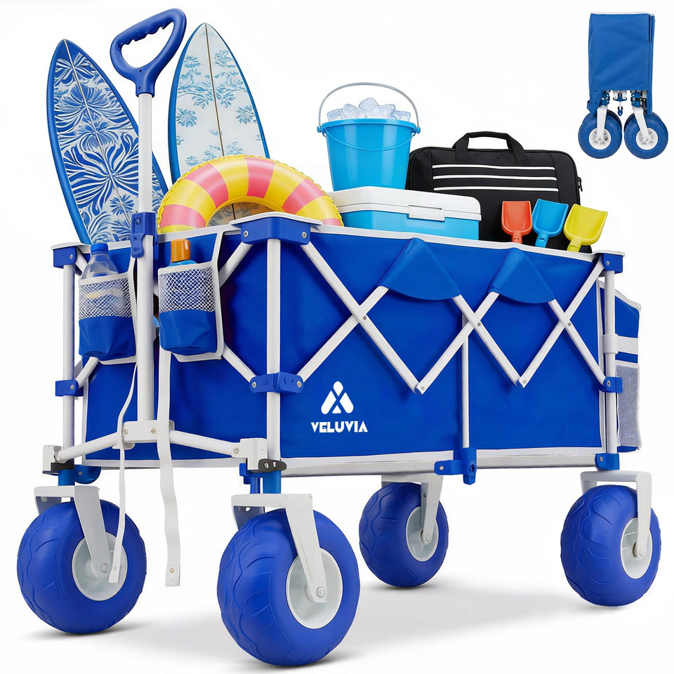 VELUVIA Beach Wagon with 9-inch balloon wheels for easier sand travel.