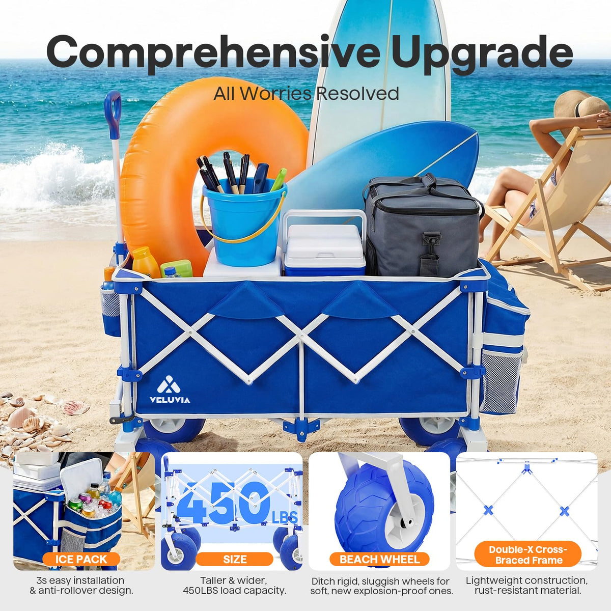 VELUVIA Beach Wagon features adjustable handle and 360-degree wheels for smooth steering.