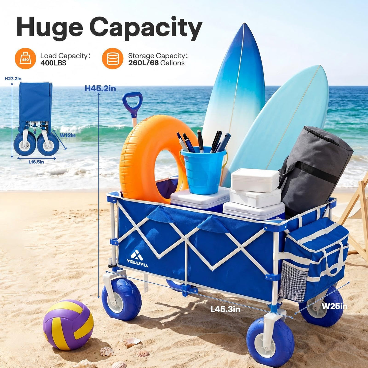 VELUVIA Beach Wagon's heavy-duty carbon steel frame ensures durable hauling.