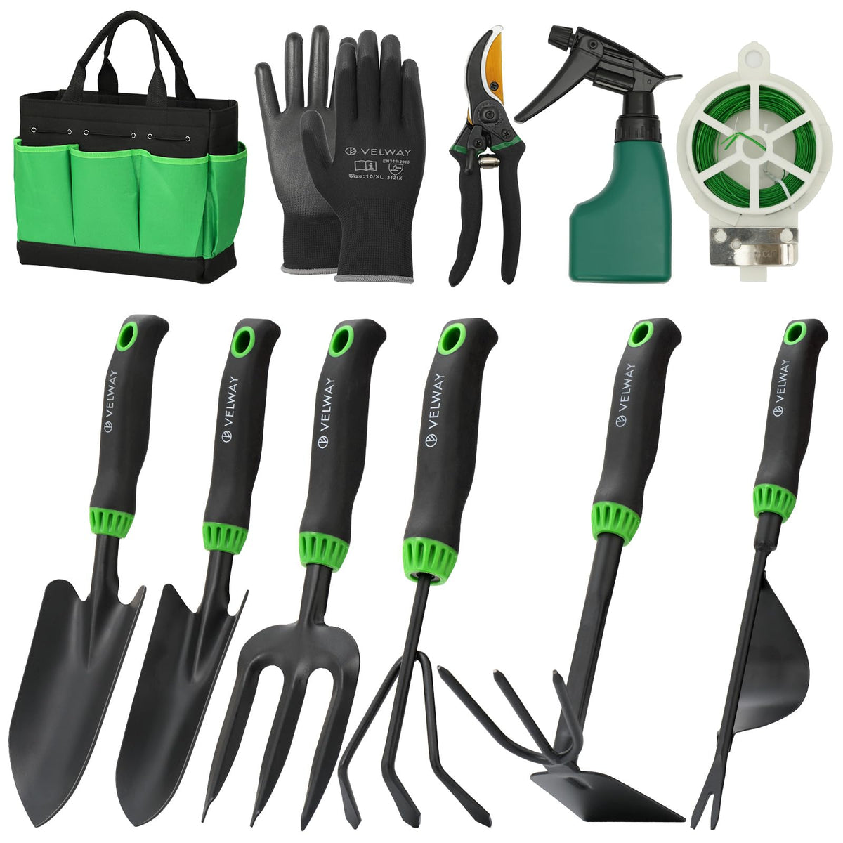 Velway 11-piece garden tools set laid out for versatile digging and planting tasks
