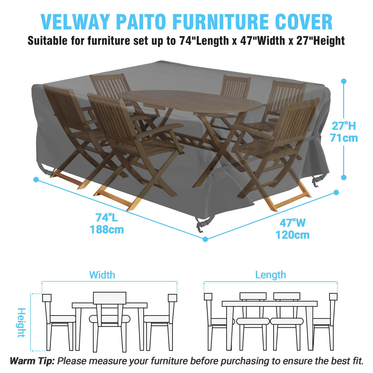 Velway cover supports multiple sizes for various furniture layouts.