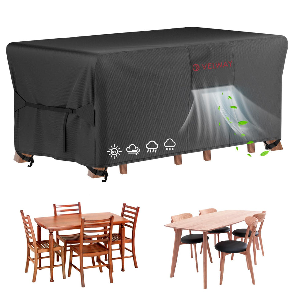 Velway patio cover with dimensions 67x37x28 shielding a dining set