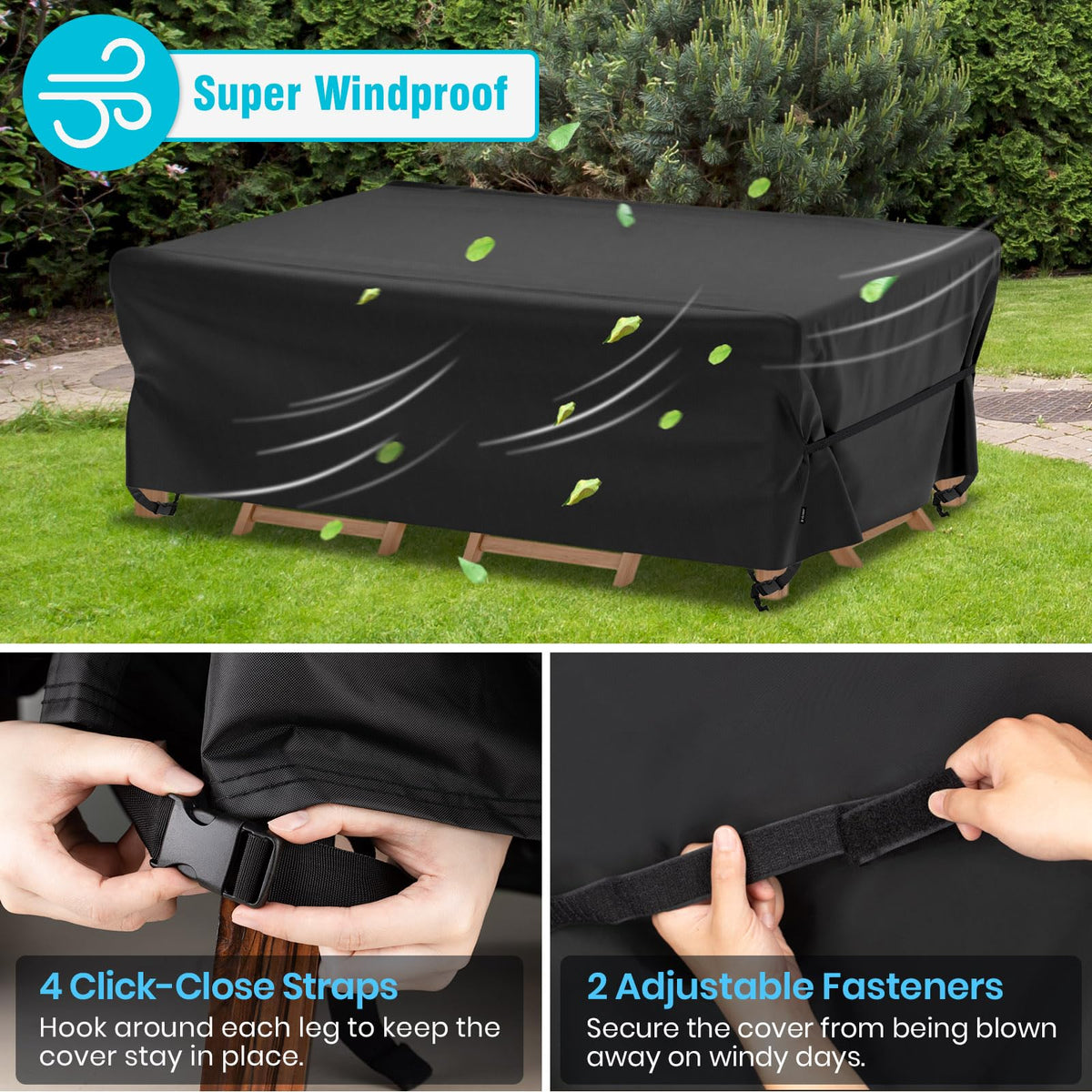 Velway cover showing waterproof seams protecting furniture from rain.