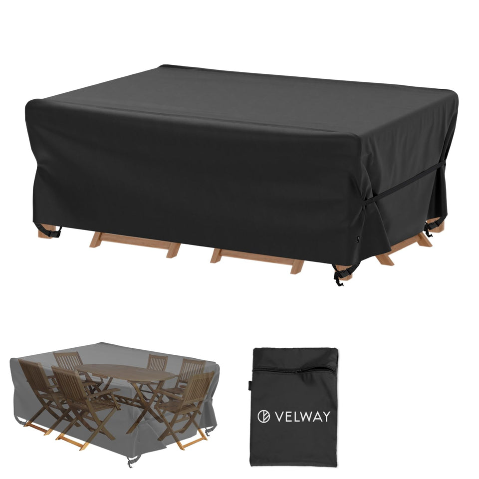 Velway patio cover with windproof corners securing outdoor dining set.