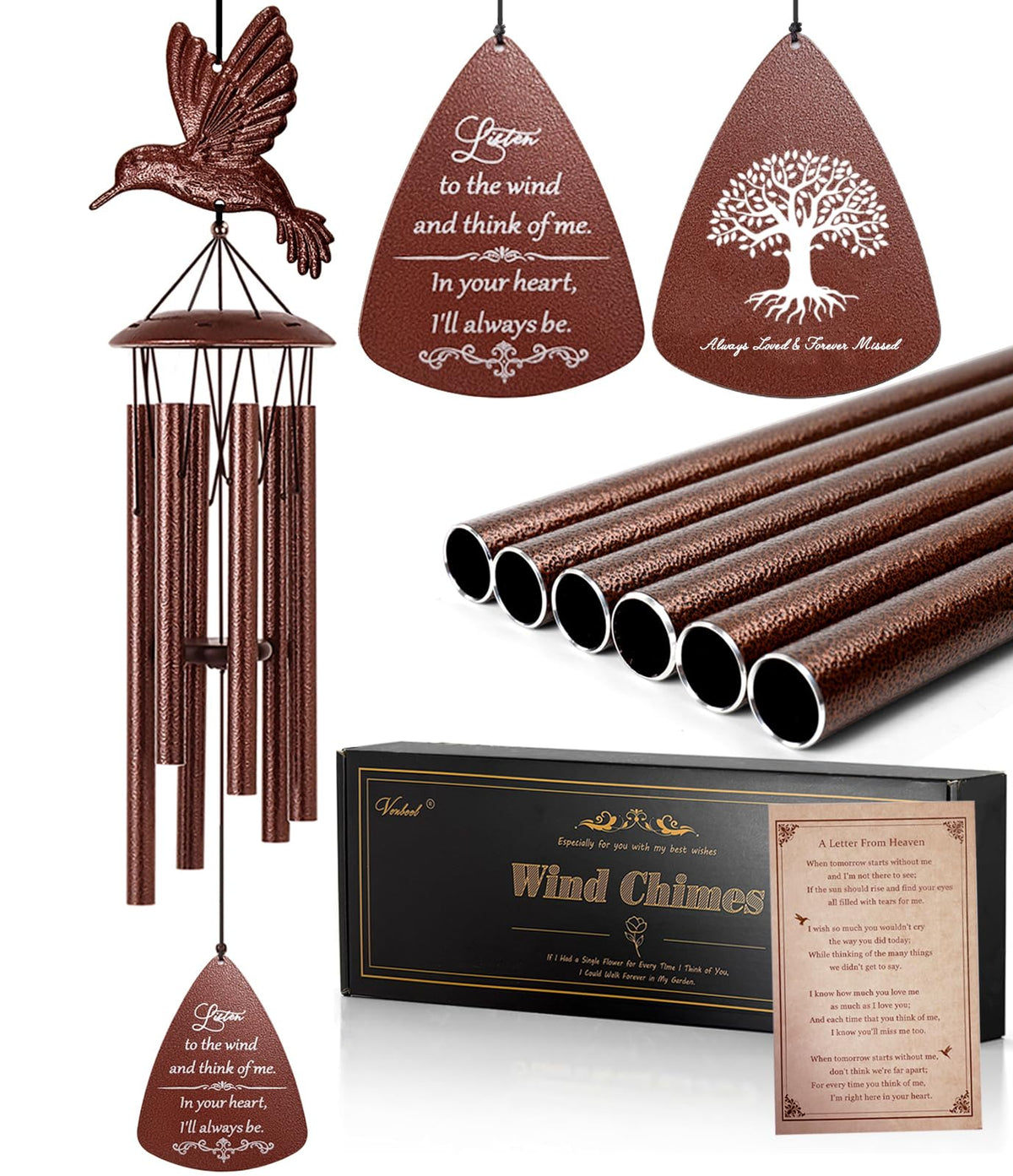 VENBEEL memorial wind chime hummingbird top detail enhances tranquil garden ambiance and remembrance.
