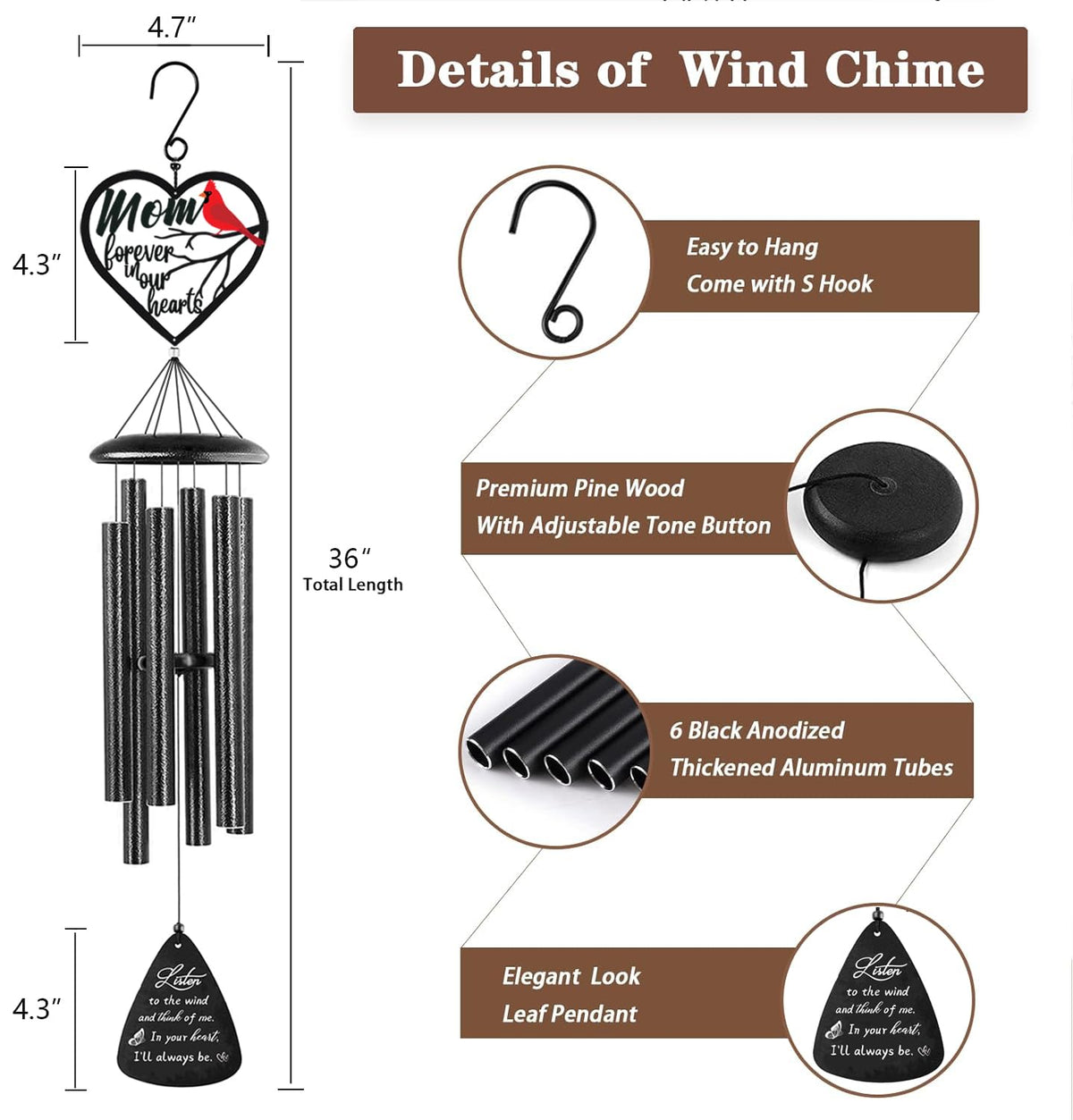 Six-tube VENBEEL memorial wind chime delivers full, comforting sound