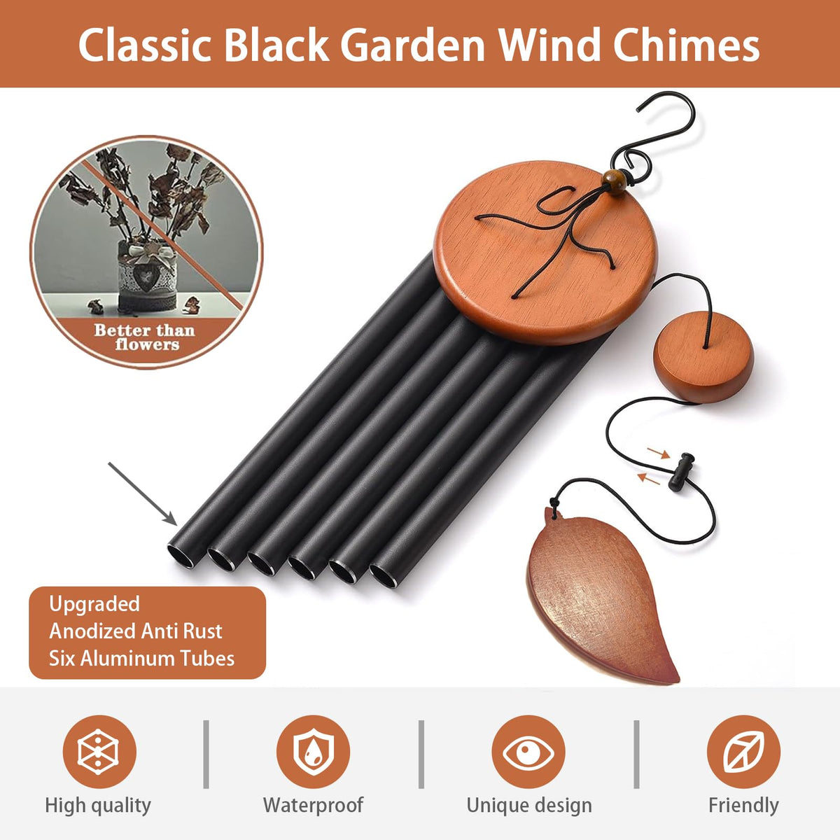 VENBEEL wind chimes showcasing pine wood durability and weather resistance