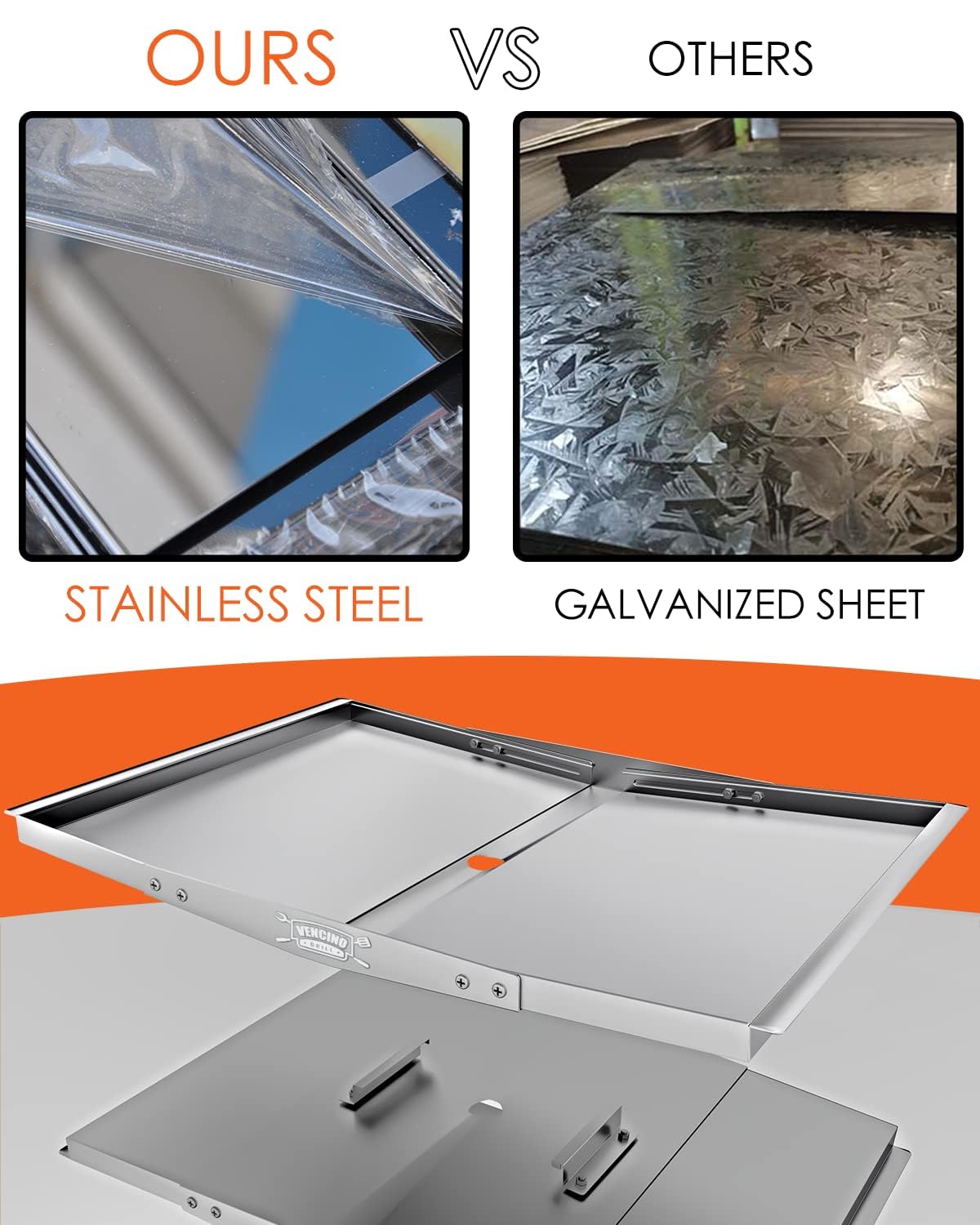 Vencino angled-grease-tray sides guide grease toward the drain for cleaner grilling.