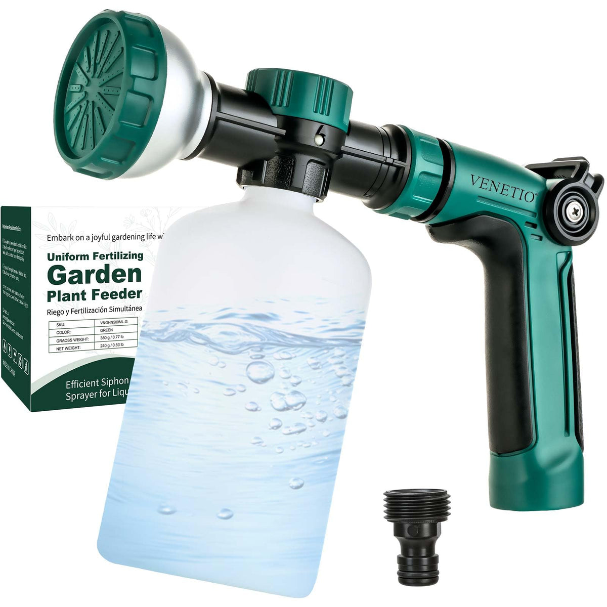VENETIO 8-Dial hose end sprayer attached to hose delivering uniform nutrient spray