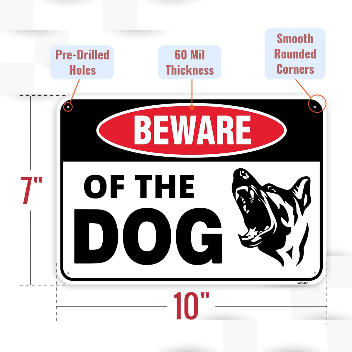 Venicor Beware of Dog Sign for outdoor gate with weatherproof aluminum long-lasting signage.