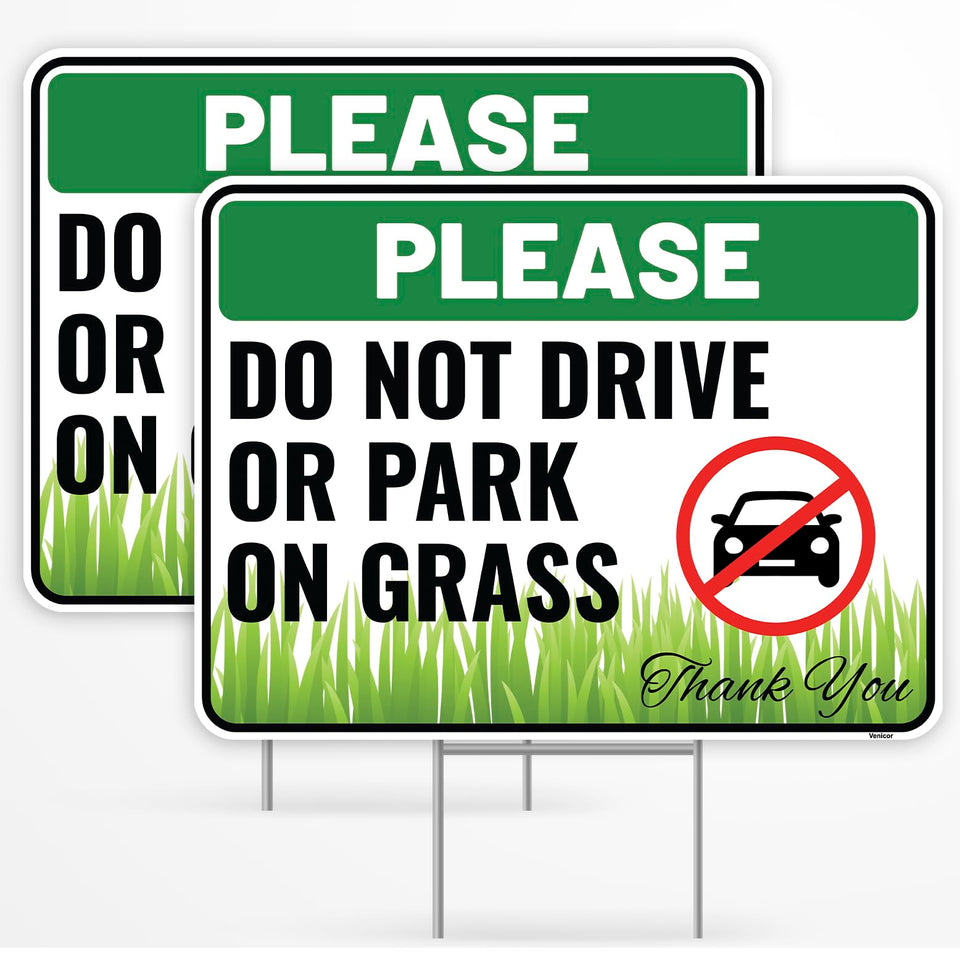 Venicor Do Not Drive On Grass sign front view with bold letters for high visibility.