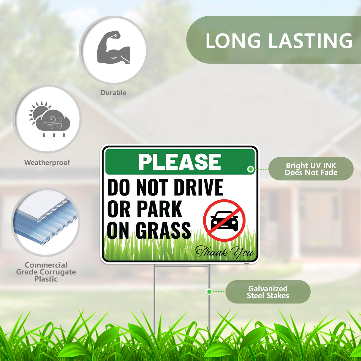 Venicor Do Not Drive On Grass sign with stake included for quick setup.