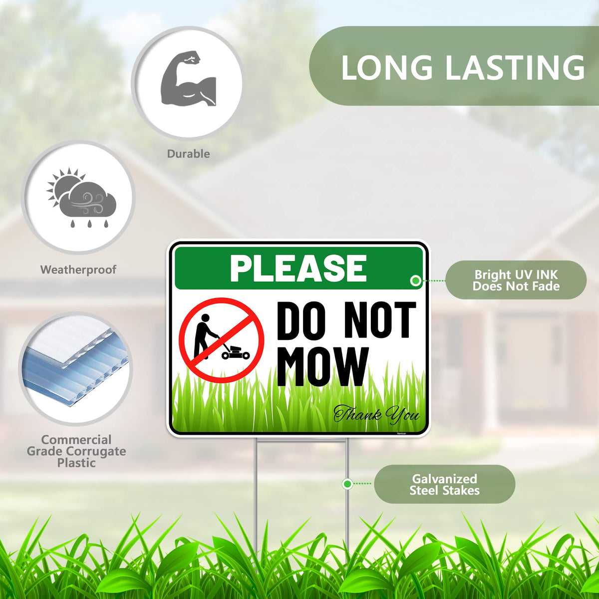 Venicor Do Not Mow Sign with stake assembly showing easy setup for yards.