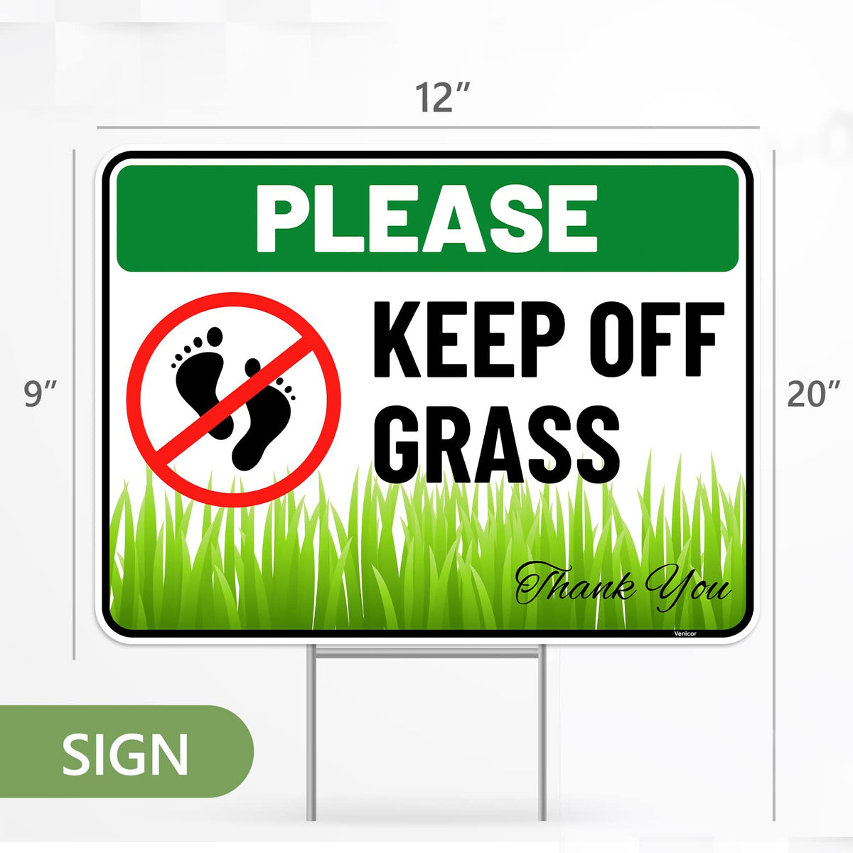 Venicor sign with stake illustrating quick setup for lawns.