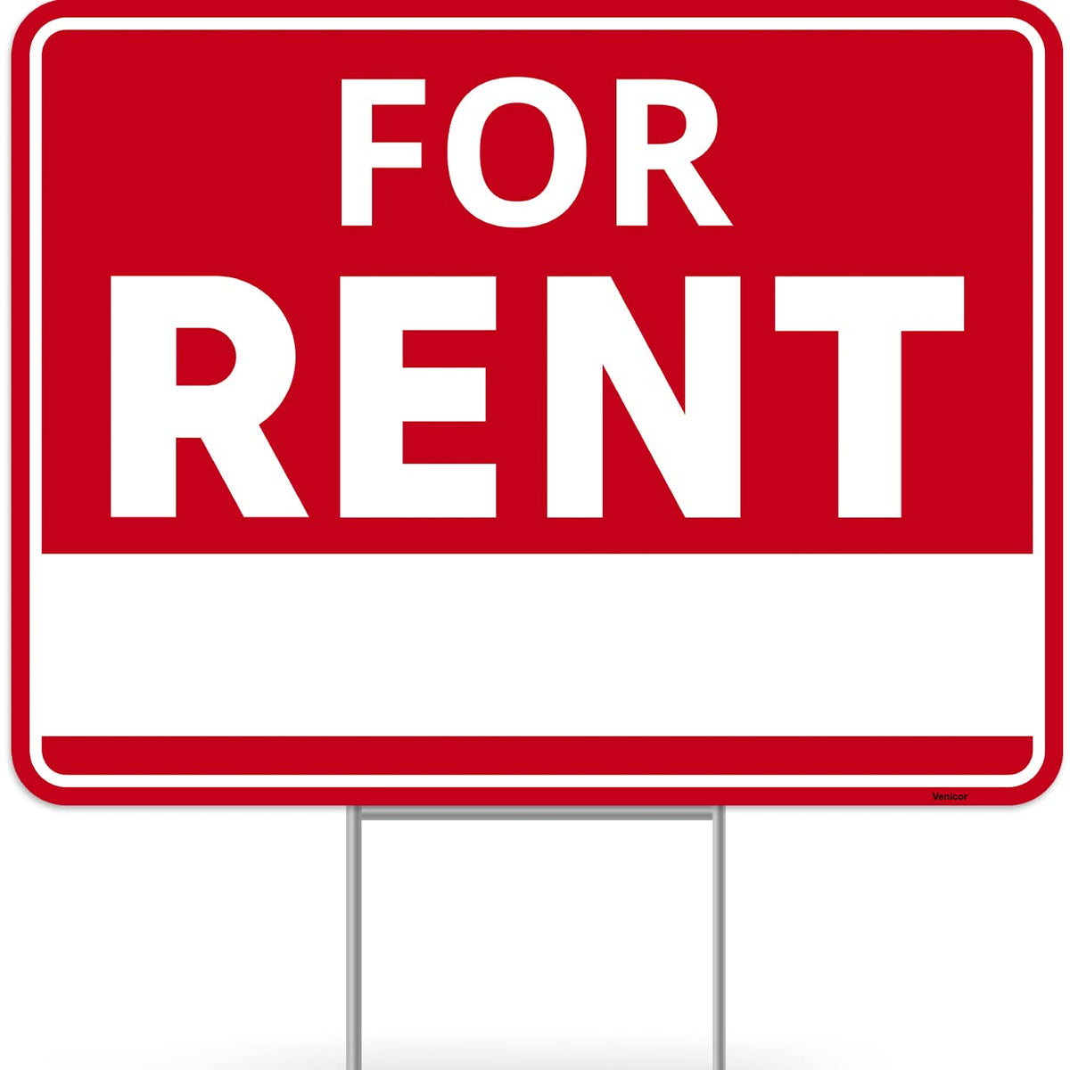 Venicor for rent sign stand front view with double-sided messaging for curbside attention.