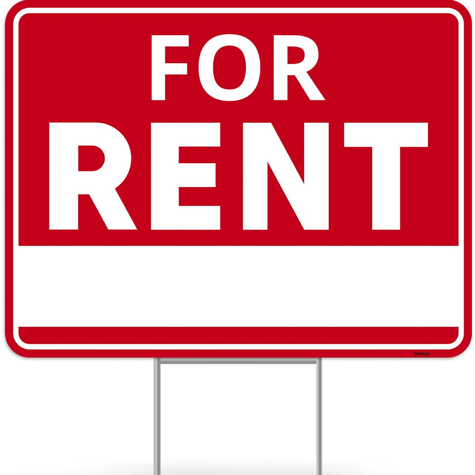 Venicor for rent sign stand front view with double-sided messaging for curbside attention.