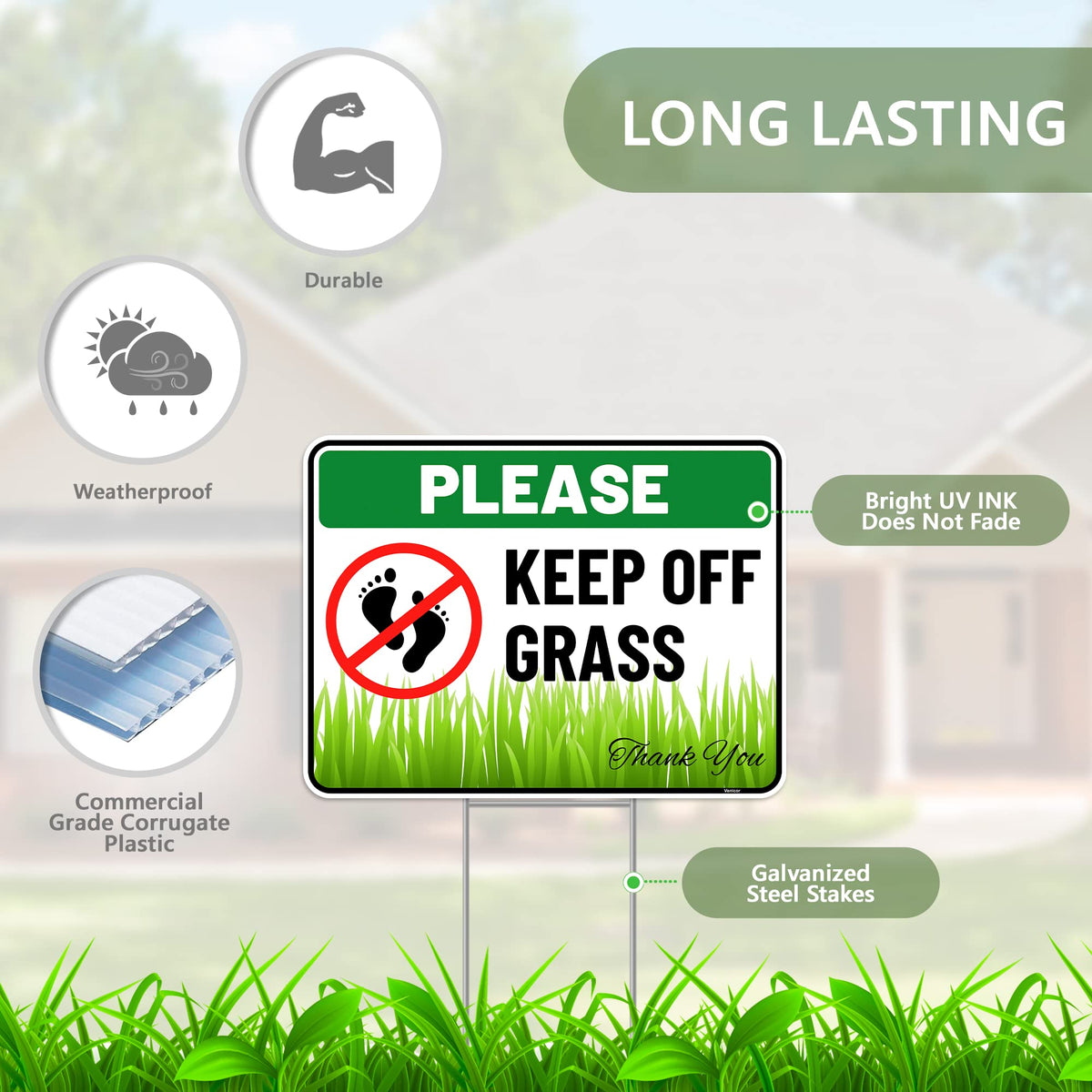 Venicor grass sign with stake showing easy installation.